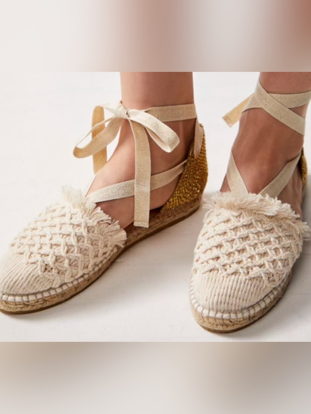 Free People Woven Cream Espadrille Wedge with Ankle Tie 7